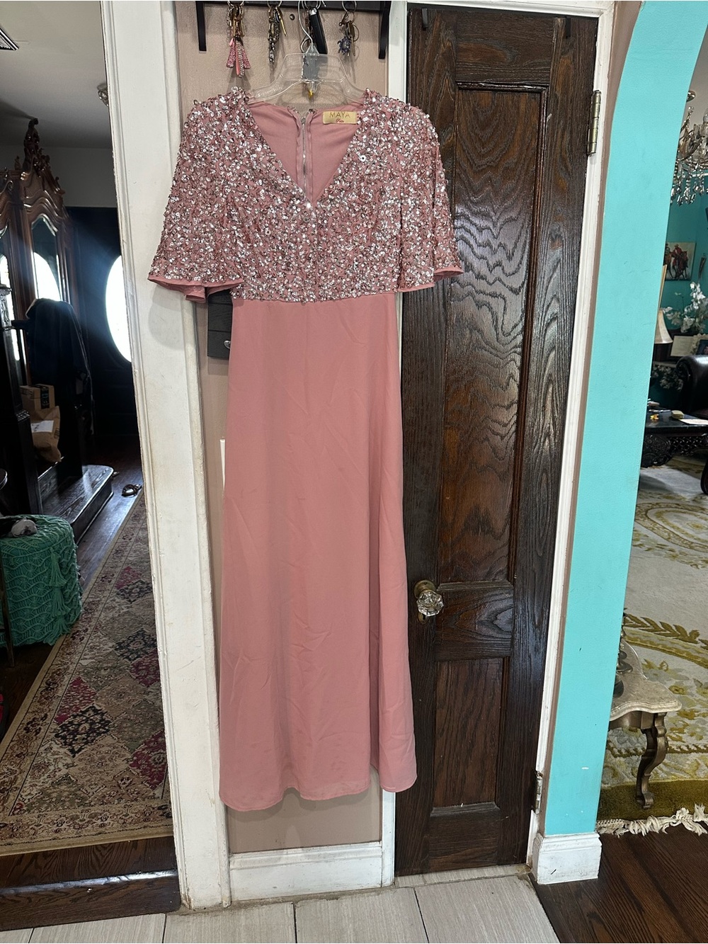Maya Dusty Rose Sequin Capelet Maxi Dress